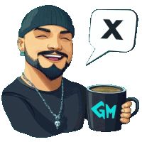 a cartoon of a man holding a cup of coffee with the letter x in a speech bubble