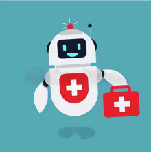 a robot is holding a red first aid kit with a cross on it