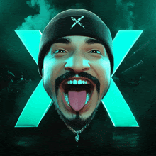 a man with a beard wearing a beanie with an x on it sticking his tongue out