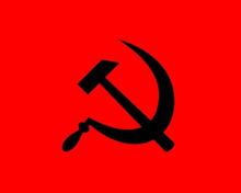 a black hammer and sickle are on a red background