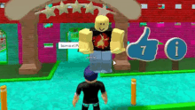 a boy is standing next to a roblox character with a thumbs up sign .