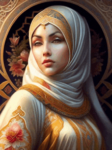 a painting of a woman wearing a hijab and a gold dress