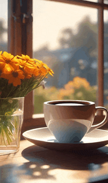 a cup of coffee sits next to a vase of flowers on a window sill