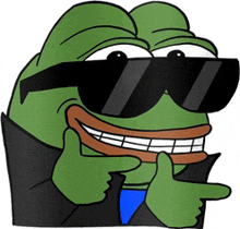 a green frog wearing sunglasses and a black jacket is smiling and pointing .