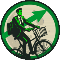 a man in a suit is riding a bike with a basket