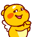 a yellow cartoon character with wings is smiling and looking at the camera .