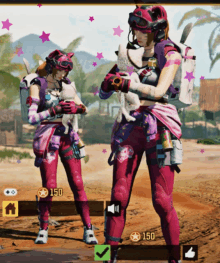 two female soldiers are standing next to each other in a video game with 150 points