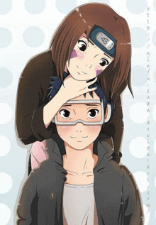 a drawing of a girl putting her hand on a boy 's neck with the website http://narutochan.deviantart.com