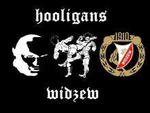 a black background with the words hooligans widzew and two boxing emblems