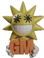 a yellow sun holding the word gm in his hands