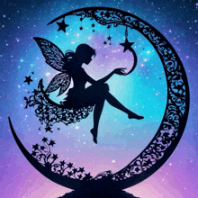 a fairy sits on a crescent moon with a star hanging from it