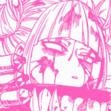 a pink and black drawing of a girl with blood coming out of her eyes .