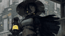 a woman in a hat holds a lantern in the rain