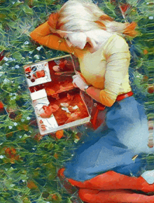 a painting of a woman laying in the grass reading a book titled ' a woman 's life '