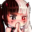 a pixel art of a girl with horns praying with her hands together .