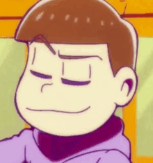 a close up of a cartoon character with his eyes closed and a purple hoodie on .