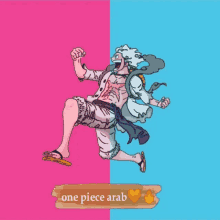 a drawing of a man on a pink and blue background with the words one piece arab below him