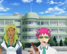 two anime characters are standing in front of a school