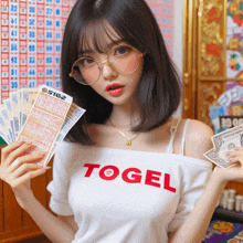 a girl wearing a shirt that says ' togel ' on it holds a bunch of money and lottery tickets