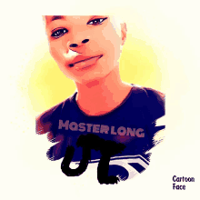 a cartoon face of a girl wearing a shirt that says master long