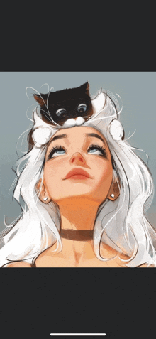 a woman with a black and white cat on her head