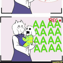 a cartoon of a woman holding a baby with green letters that say reg on it