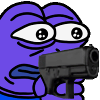 a purple cartoon character is holding a gun with a blurry background