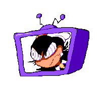 a pixel art of a cartoon character in a purple tv screen