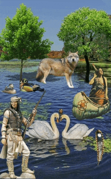 a painting of a native american in a canoe surrounded by swans and a wolf