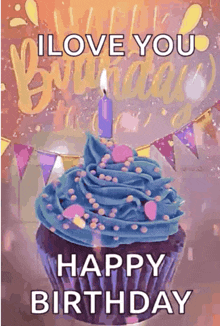 a cupcake with blue frosting and a candle on top of it is on a birthday card .