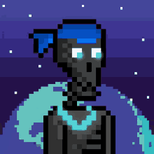 a pixel art drawing of a skeleton with a blue bandana around his head