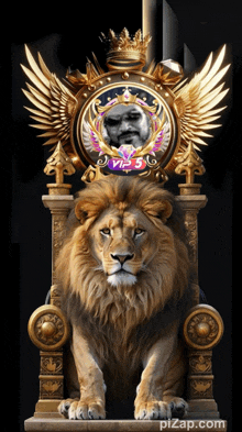 a lion is sitting on a throne with a picture of a man in a crown above it