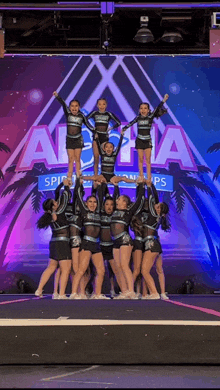 a group of cheerleaders are performing in front of a sign that says alpha spirit championships