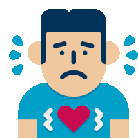 a cartoon of a man with a sad face and a heart on his chest