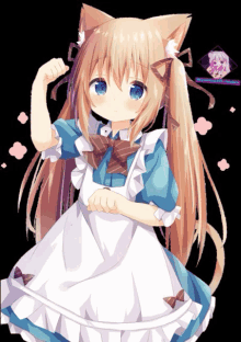 a girl with cat ears is wearing a blue and white dress and apron