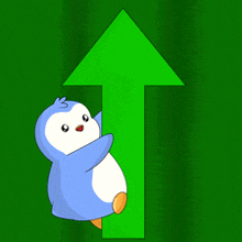 a blue and white penguin is standing next to a green arrow pointing up