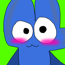 a drawing of a blue cartoon character with big eyes and a pink cheek