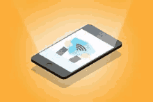 an isometric illustration of a smart phone with a cloud and a wifi symbol on the screen .