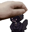 a pixel art of a hand holding a black cat in a suit and tie .