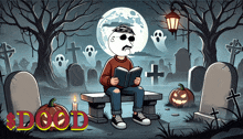 a cartoon of a man sitting on a bench reading a book in a cemetery with the word dood written on the bottom