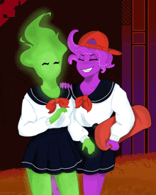 a drawing of a green and purple character