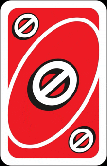 a red uno card with a black and white symbol