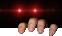 a person 's fingers are reaching out from behind a white board with red lights behind them