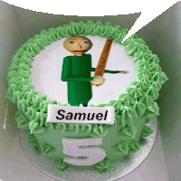 a birthday cake for samuel with a picture of a man holding a ruler and a knife on it .