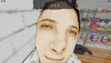 a close up of a person 's face in a video game with a few packages of pampers on the shelves