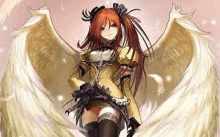 a girl with red hair and white wings is wearing a yellow dress and knee high socks .