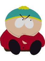 a cartoon character from south park is sitting down with his hands folded