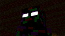 a minecraft character with glowing eyes is standing in a dark room with a brick wall in the background