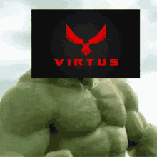 a hulk with a virtus logo on his face