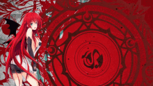 a girl with red hair stands in front of a red circle that says ' apocalypse '